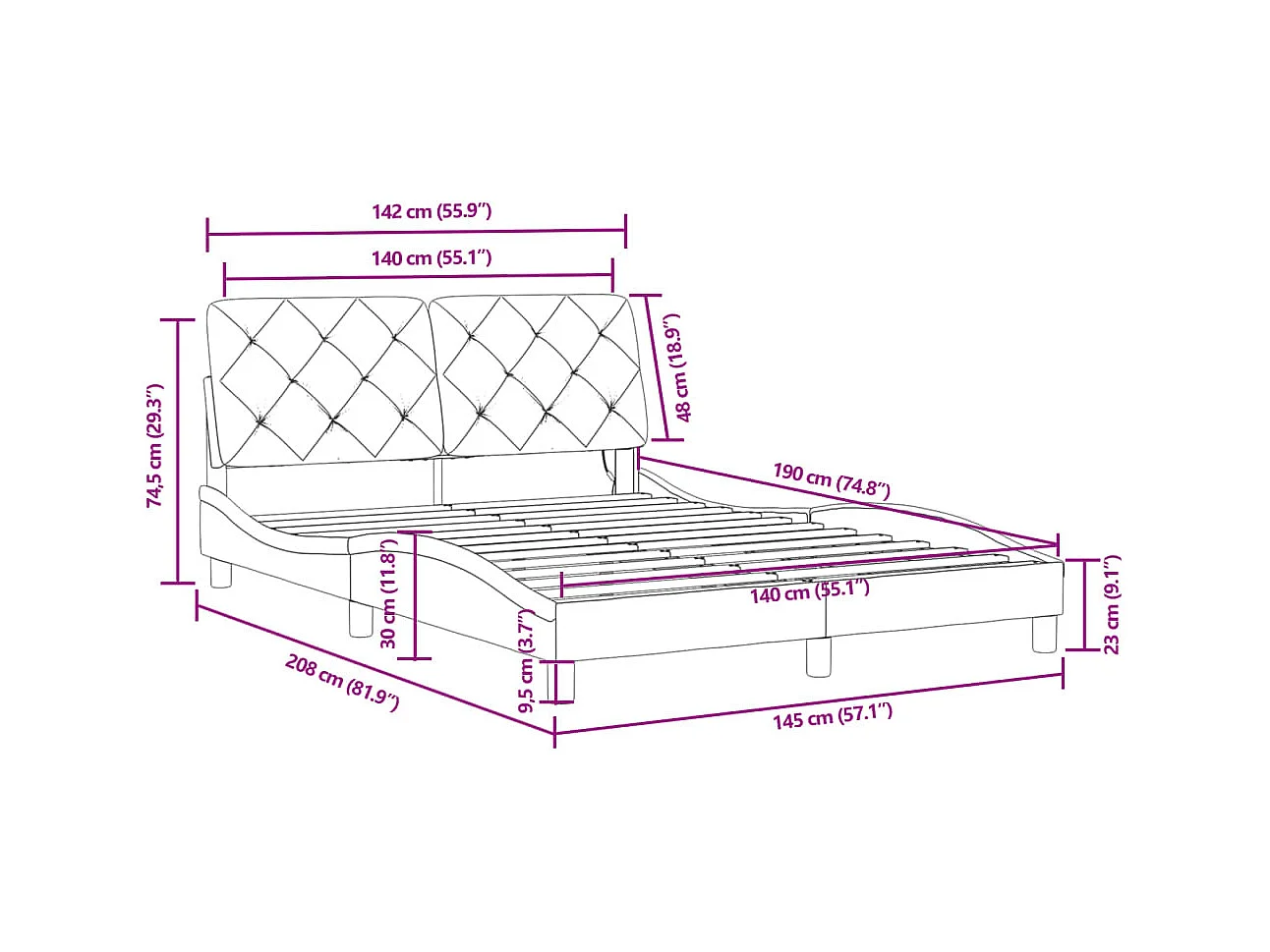 Cadre de lit avec LED sans matelas vert foncé 140x190 cm velours