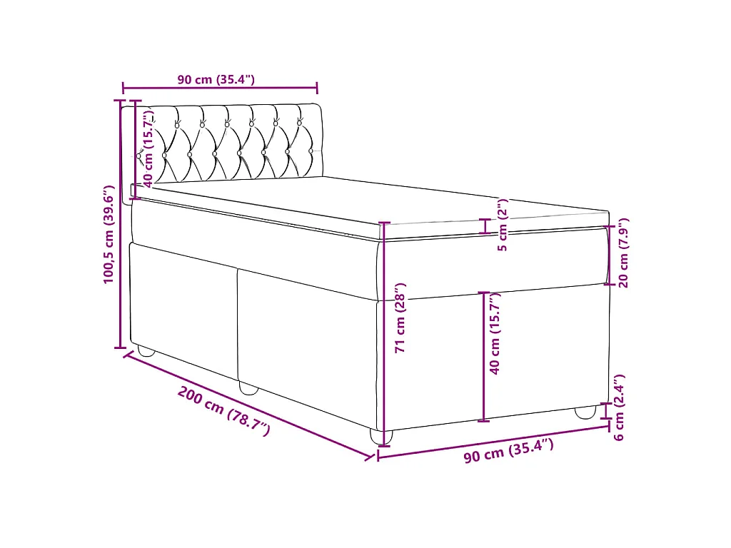 Cama box spring con colchón tela negro 90x200 cm