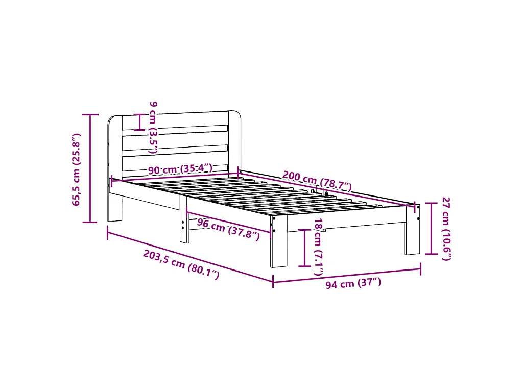 Estructura de cama sin colchón madera maciza de pino 90x200 cm