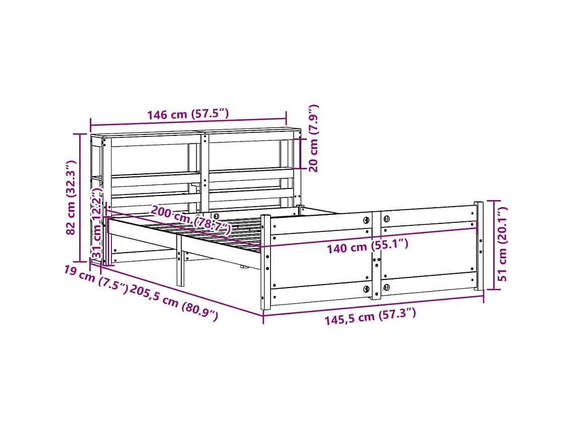 Estrutura de cama c/ cabeceira sem colchão 140x200 cm branco