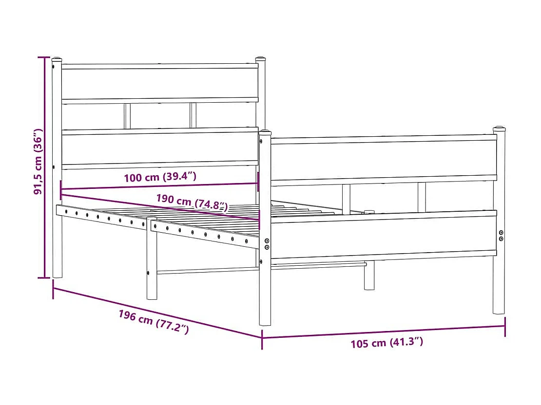 Metallbett ohne Matratze Sonoma-Eiche 100x190 cm