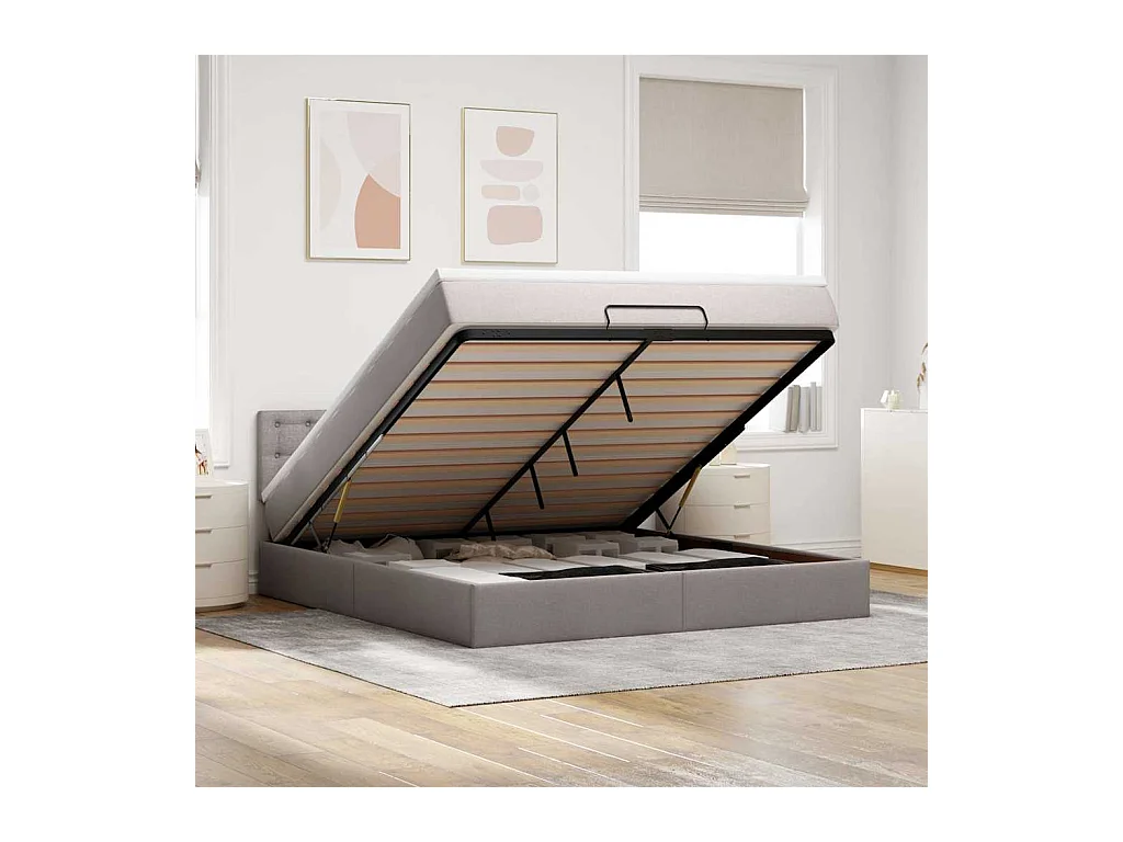 Cadre de lit ottoman avec matelas taupe 160x200 cm tissu