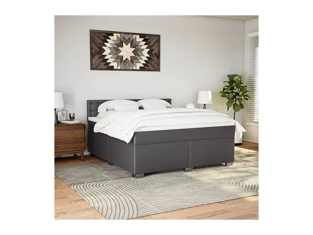 Cama box spring con colchón cuero sintético gris 180x200 cm