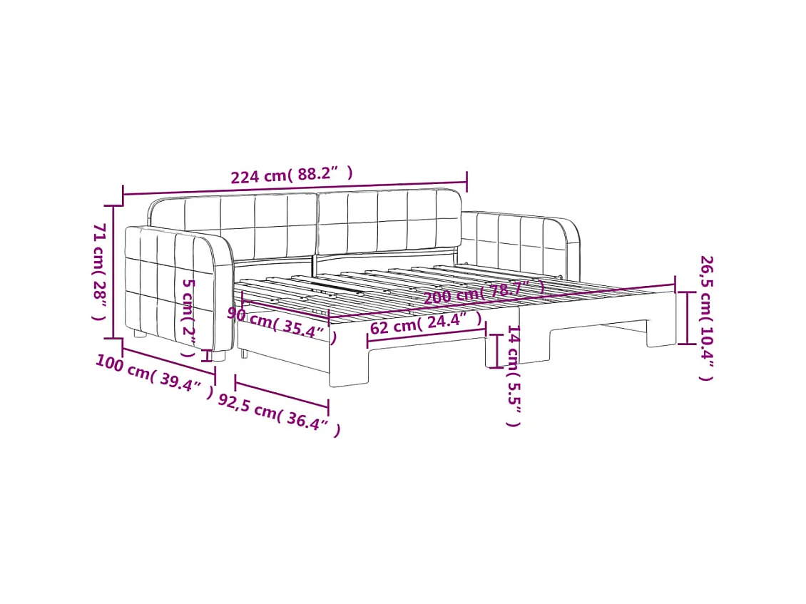 Lit de jour avec gigogne sans matelas gris foncé 90x200 cm