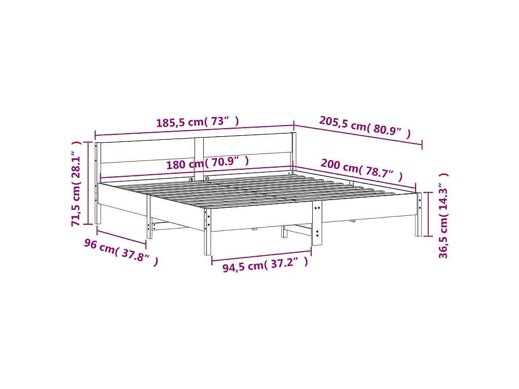 Bedframe zonder matras massief grenenhout wit 180x200 cm