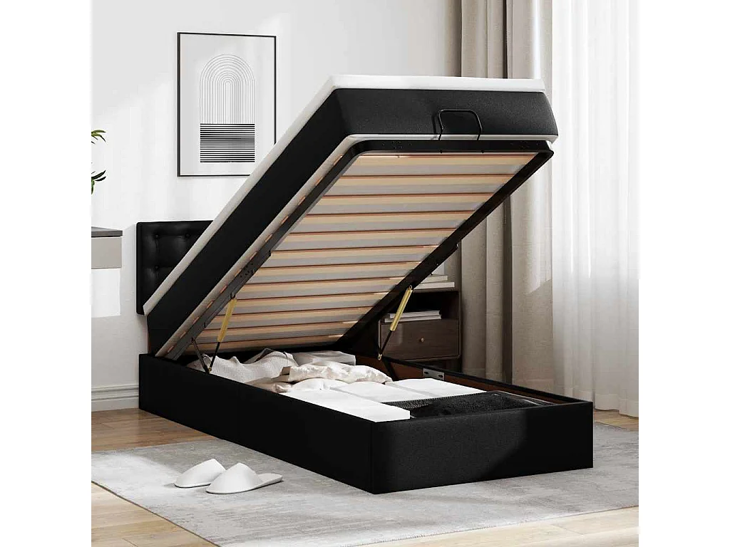 Lit ottoman avec matelas noir 90x190 cm similicuir