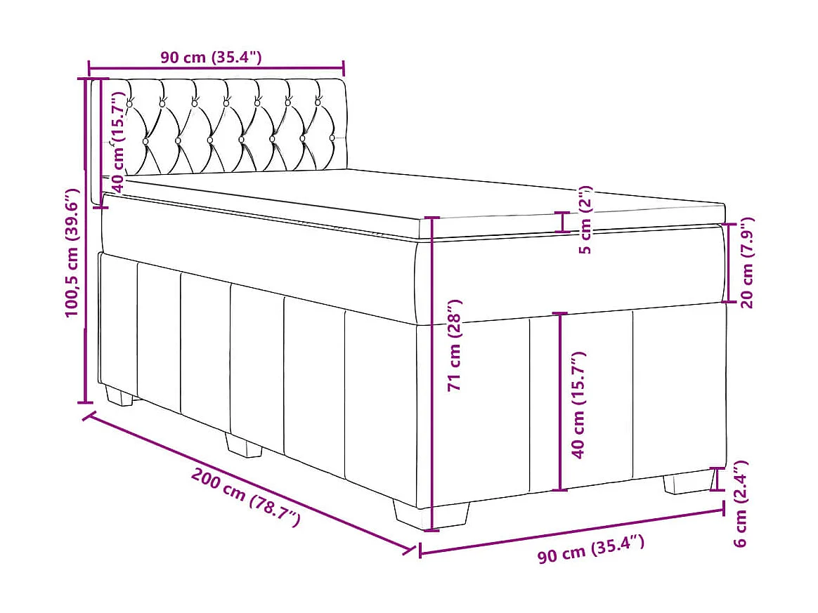 Cama box spring con colchón tela negro 90x200 cm
