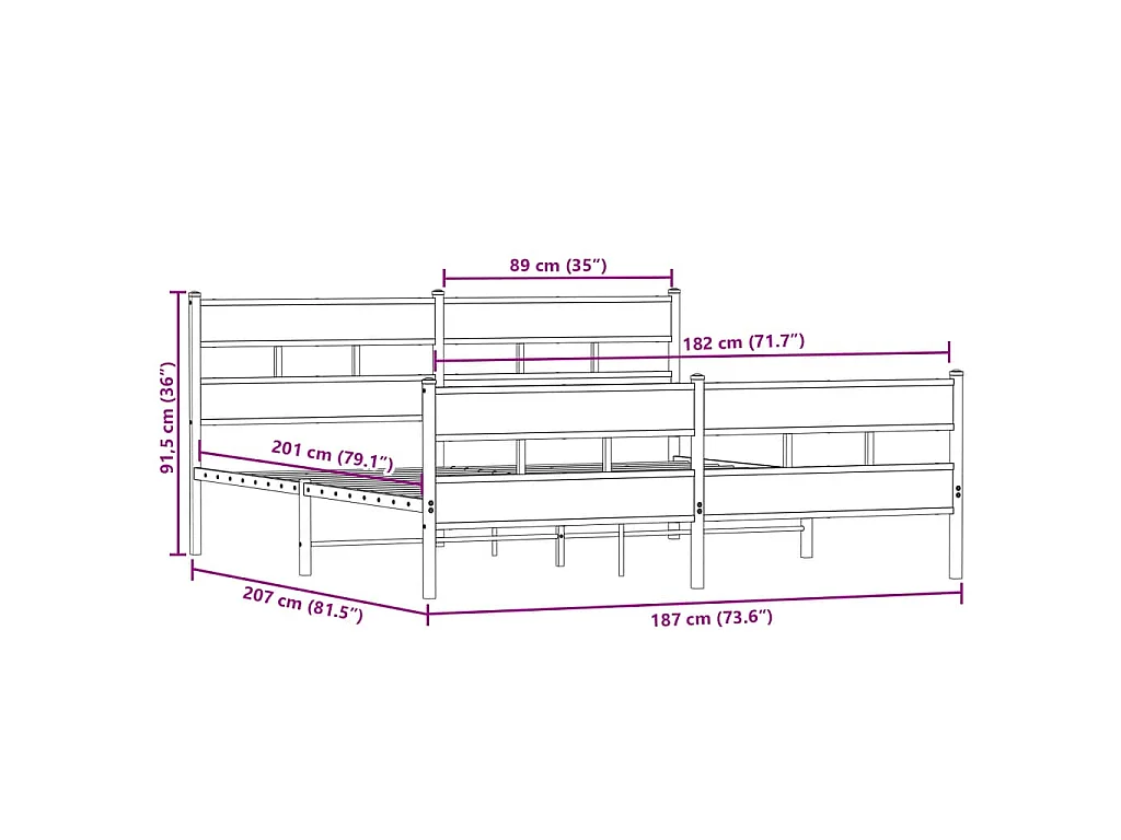 Cadre de lit en métal sans matelas chêne fumé 180x200 cm