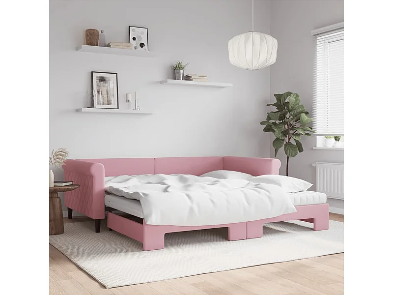 Slaapbank onderschuifbed en matrassen 100x200 cm fluweel roze