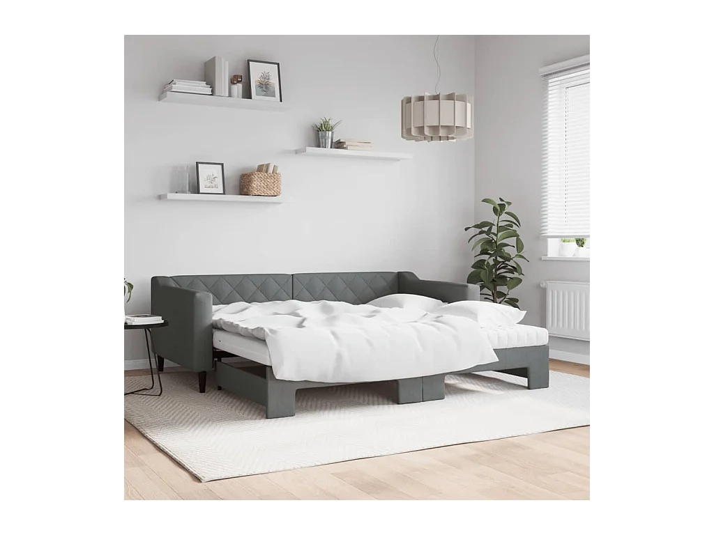 Lit de jour avec gigogne et matelas gris foncé 90x190 cm tissu