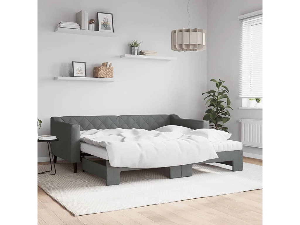 Lit de jour avec gigogne et matelas gris foncé 90x190 cm tissu