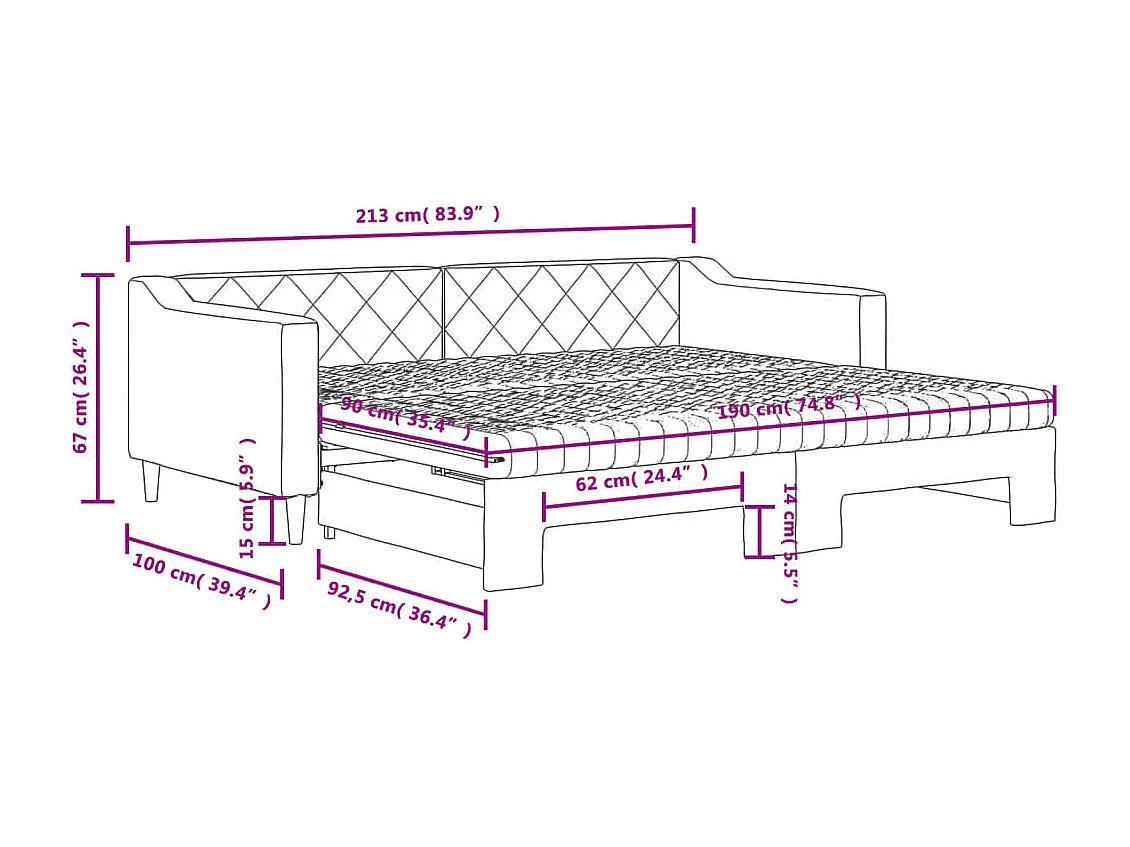 Lit de jour avec gigogne et matelas gris foncé 90x190 cm tissu