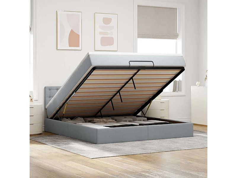 Cama otomana com colchão 160x200 cm tecido cinzento claro