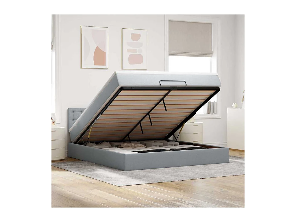 Cama otomana com colchão 160x200 cm tecido cinzento claro