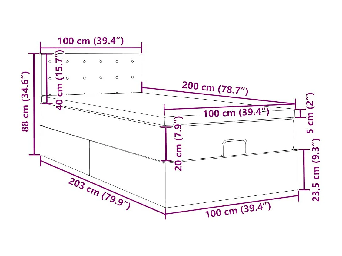 Lit ottoman avec matelas gris clair 100x200 cm tissu