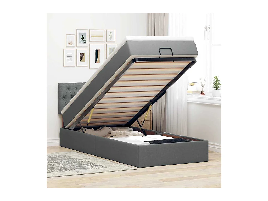 Cadre de lit ottoman avec matelas gris foncé 90x190 cm tissu