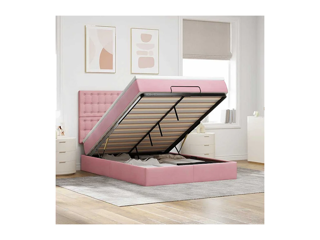 Cadre de lit ottoman avec matelas rose 140x190 cm velours