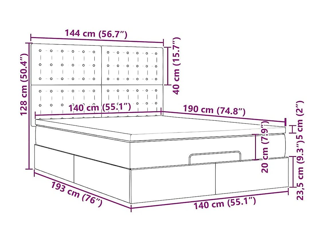 Cadre de lit ottoman avec matelas rose 140x190 cm velours