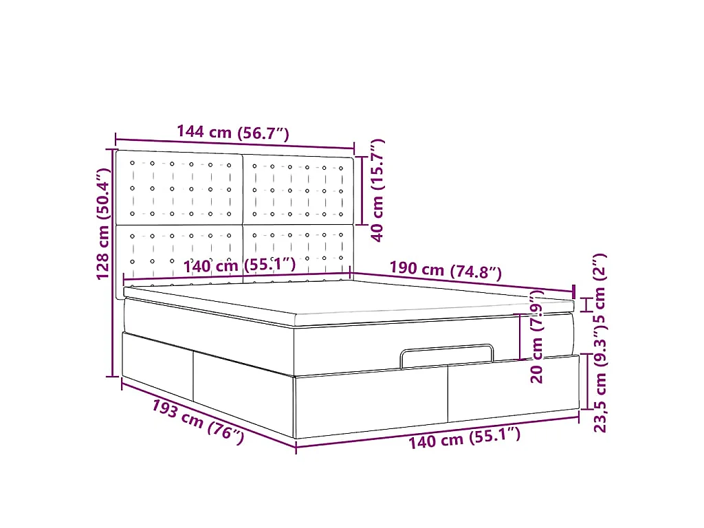 Cadre de lit ottoman avec matelas rose 140x190 cm velours