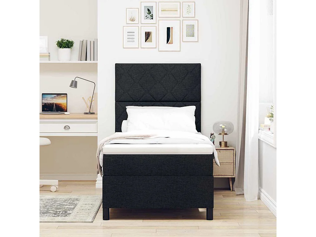 Lit à ressorts avec matelas Noir 90 x 190 cm tissu