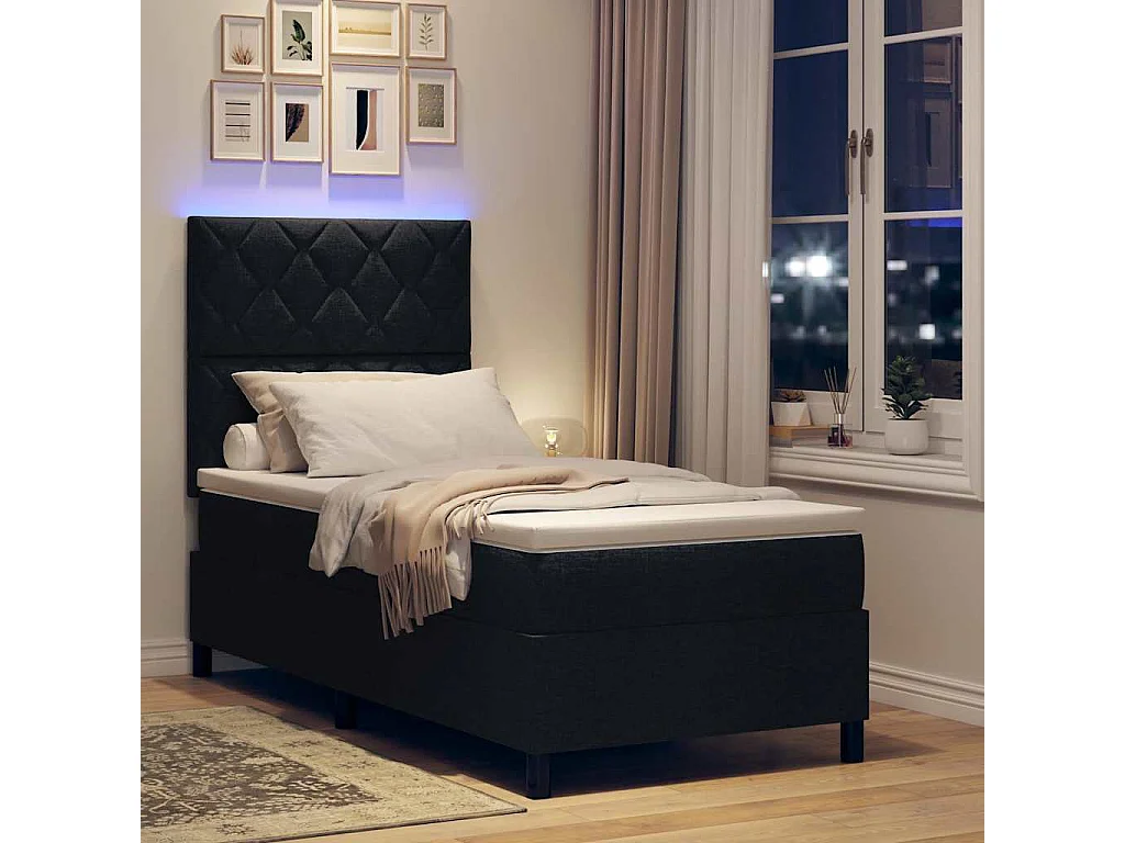 Lit à ressorts avec matelas Noir 90 x 190 cm tissu