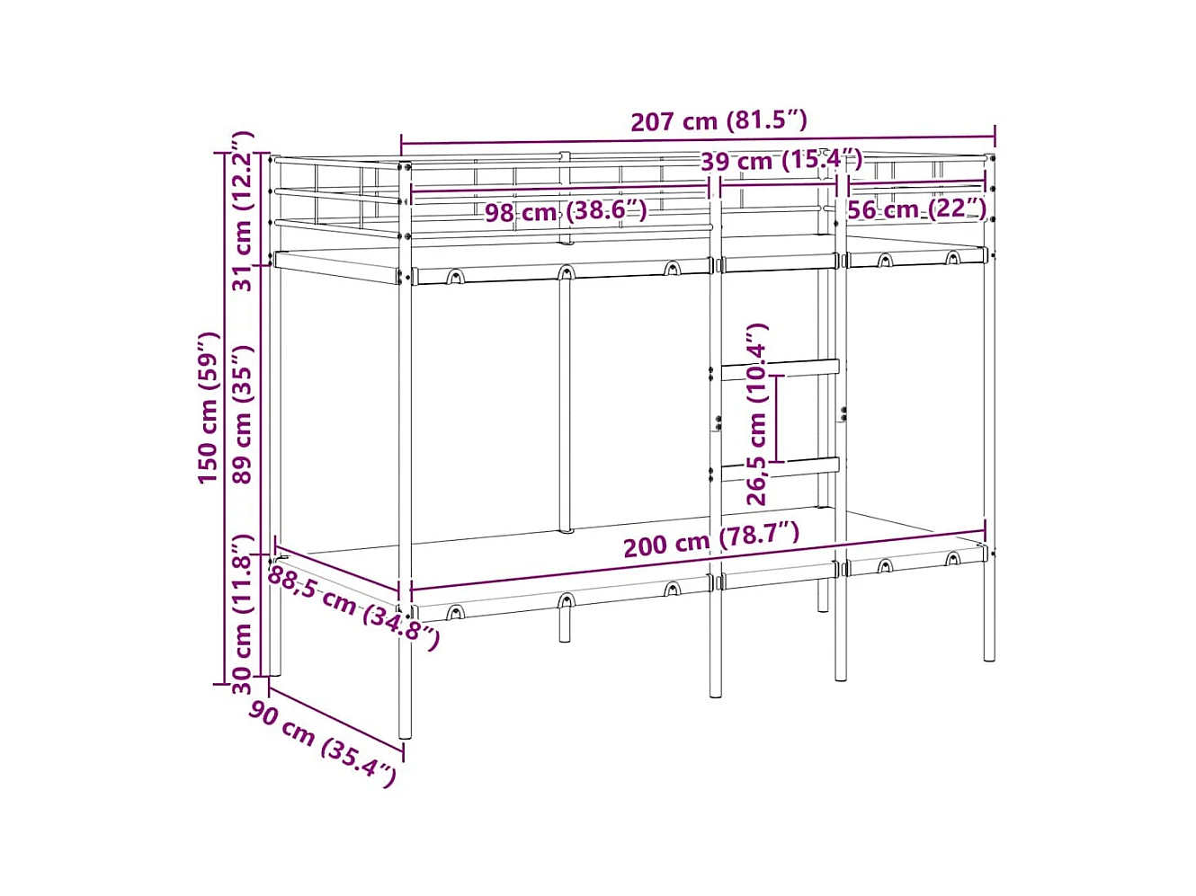 Lit superposé sans matelas blanc 90x200 cm acier