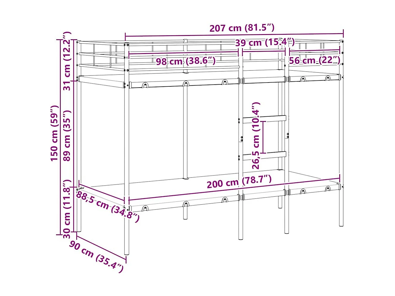 Lit superposé sans matelas blanc 90x200 cm acier