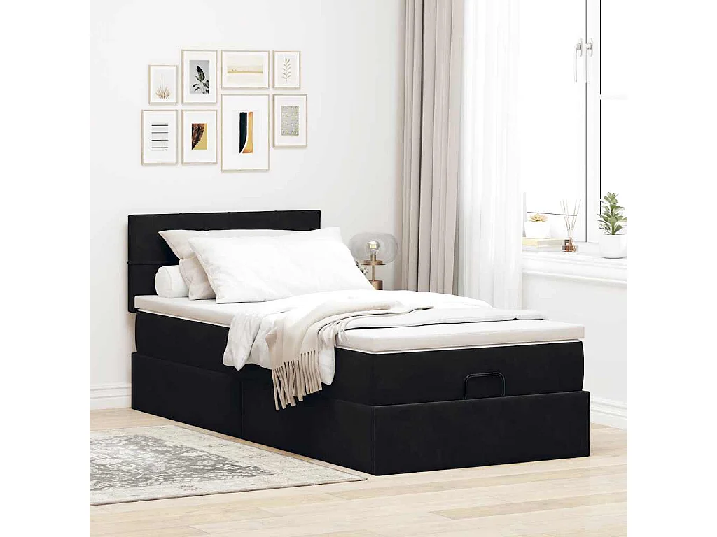 Estructura de cama otomana colchón terciopelo negro 100x200cm