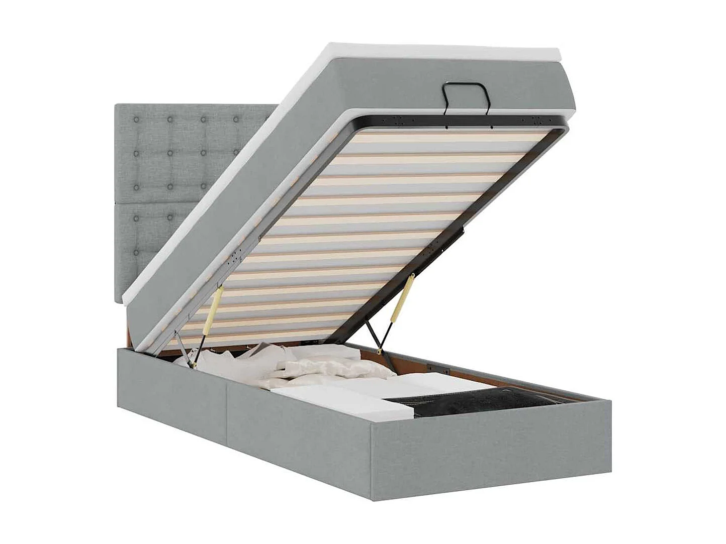 Cama otomana con colchón y LED tela gris claro 90x200 cm