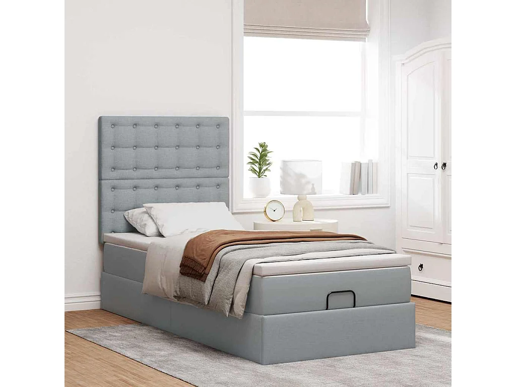 Cama Otomana com colchão & LEDs 90x200 cm tecido cinzento claro