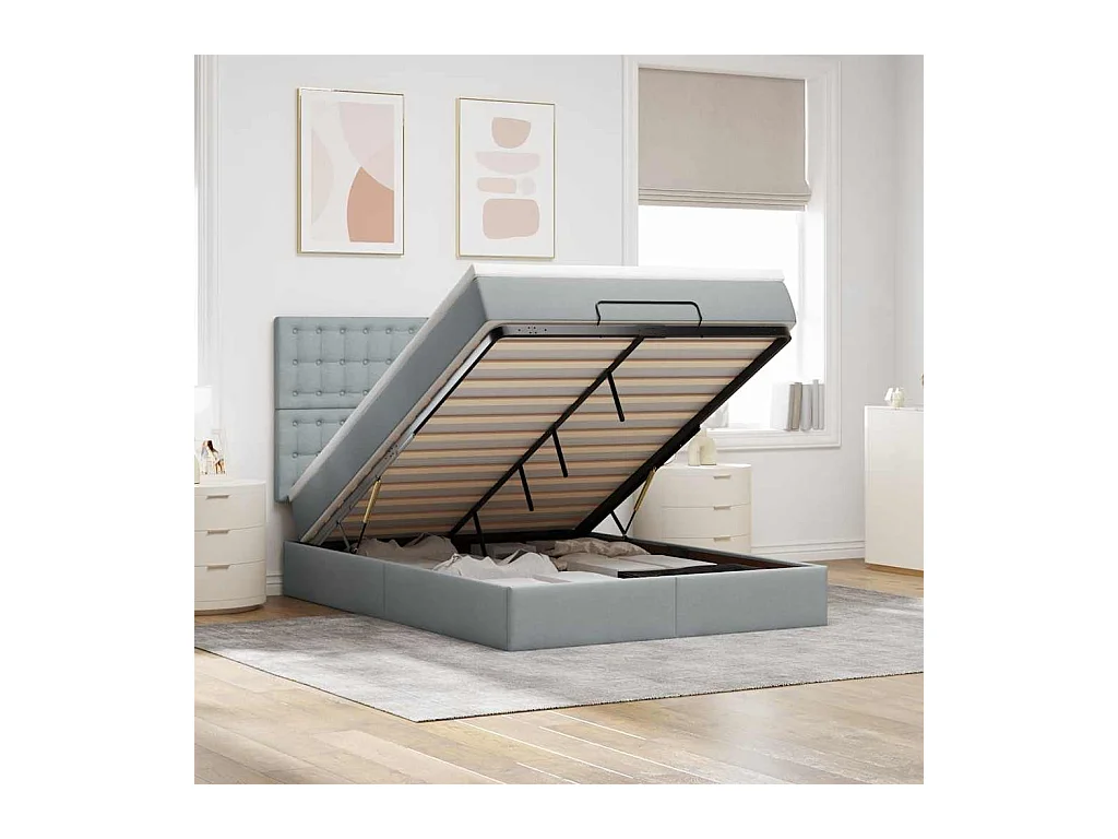 Cadre de lit ottoman et matelas gris clair 140x200 cm tissu
