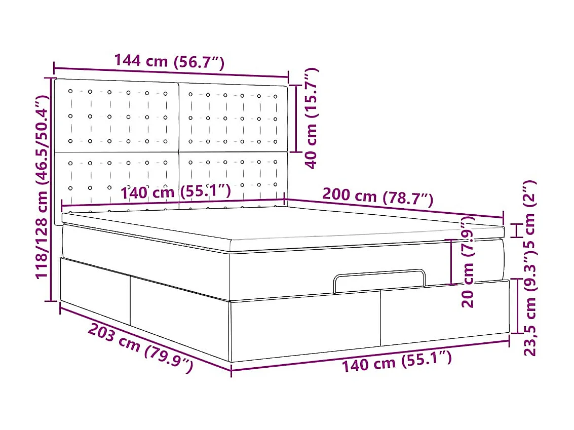 Cadre de lit ottoman et matelas gris clair 140x200 cm tissu