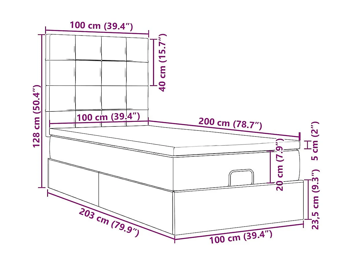 Lit ottoman avec matelas gris clair 100x200 cm tissu