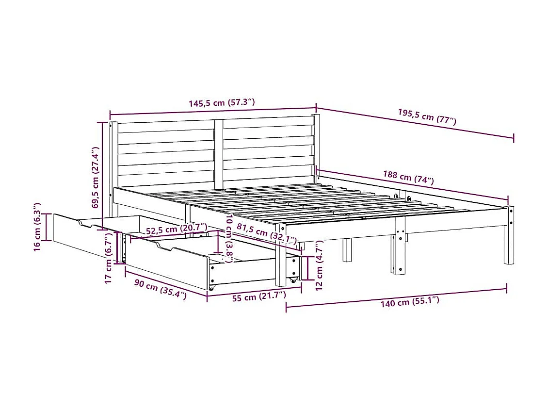 Cadre de lit sans matelas blanc 140x190 cm bois de pin massif