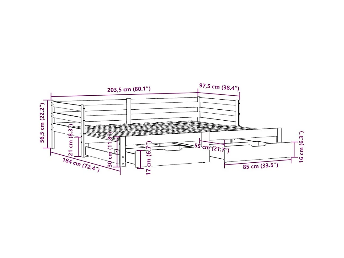 Lit de jour avec tiroirs sans matelas 90x200 cm bois massif