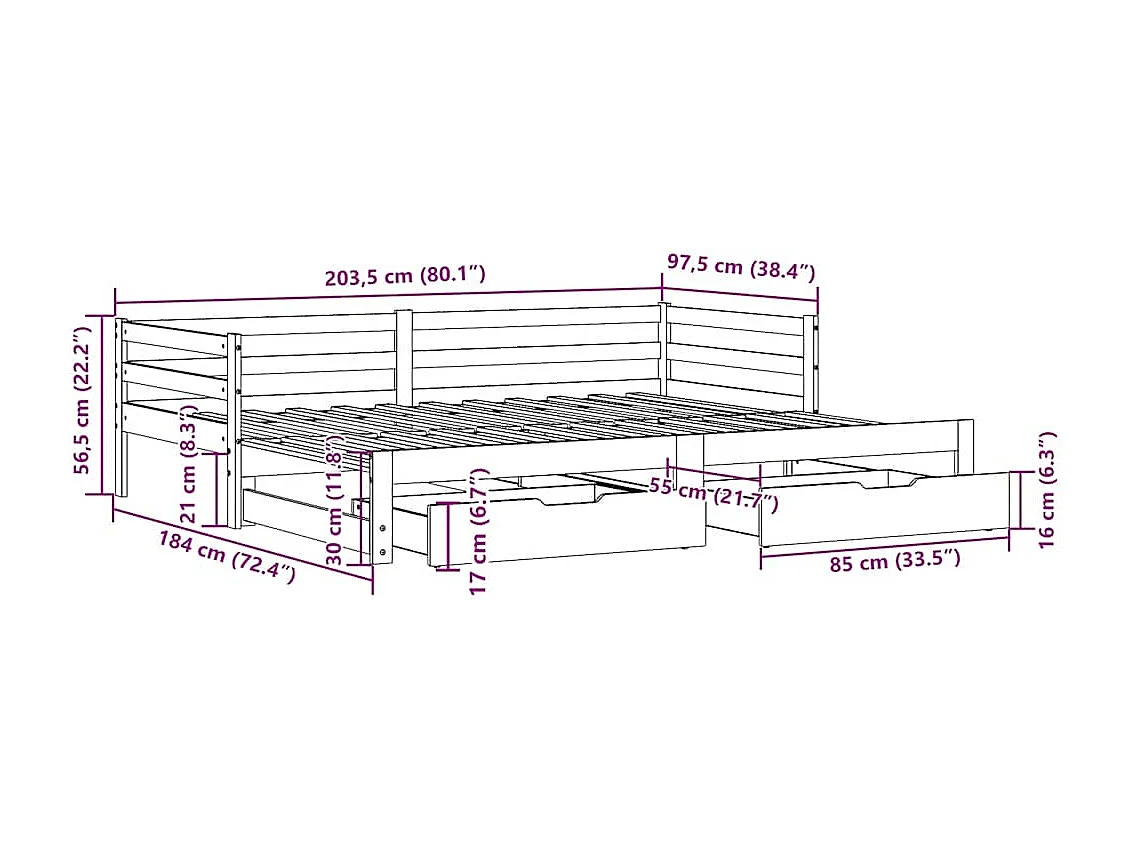Sofá cama con cajones madera maciza de pino 90x200 cm