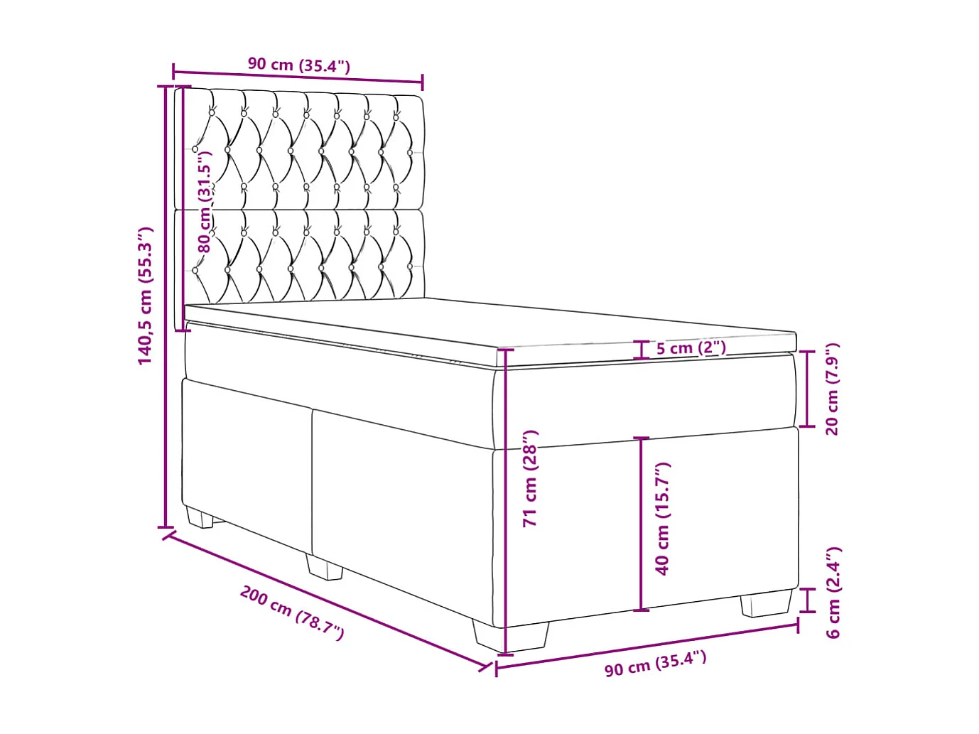 Cama box spring con colchón terciopelo azul 90x200 cm