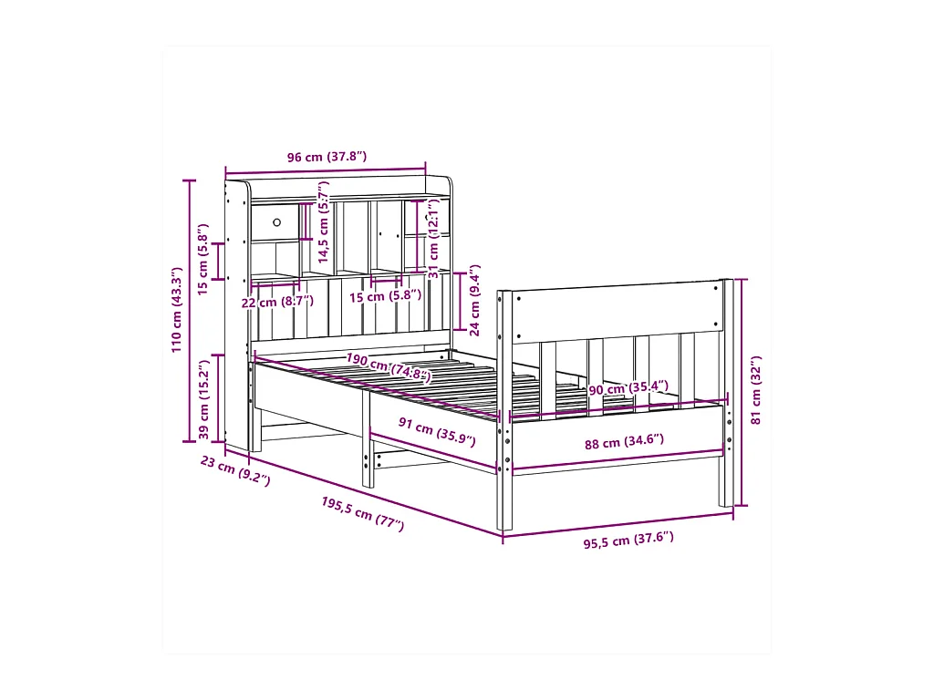 Letto senza Materasso Bianco 90x190 cm in Legno Massello Pino