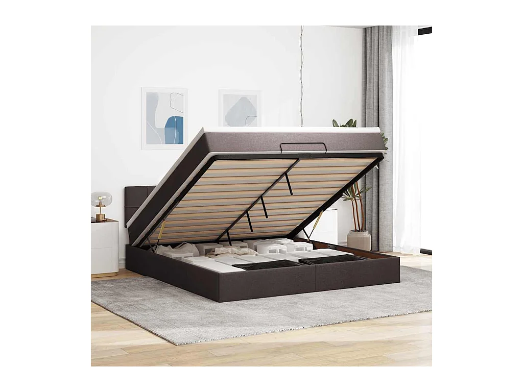 Lit ottoman avec matelas et LED Marron foncé 180x200 cm tissu