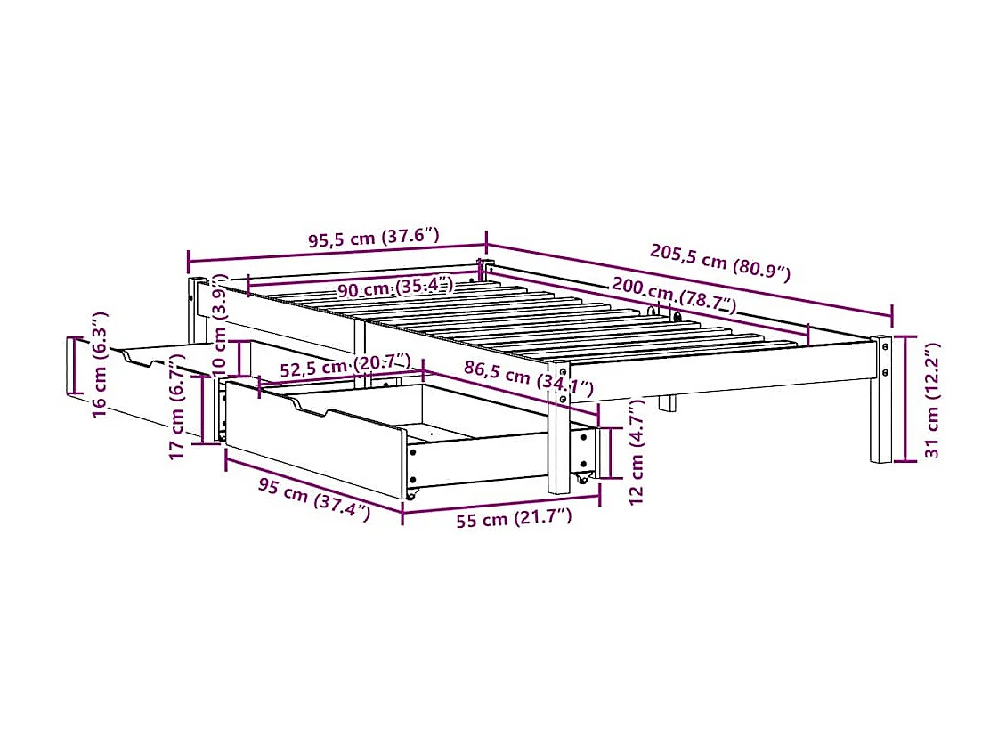 Letto senza Materasso 90x200 cm in Legno Massello di Pino