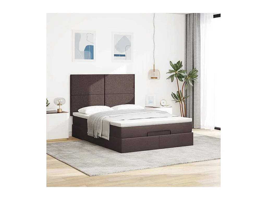 Cadre de lit ottoman avec matelas marron foncé 140x200 cm tissu