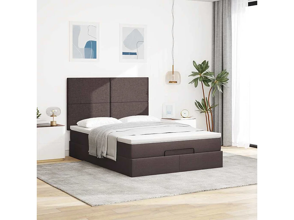 Cadre de lit ottoman avec matelas marron foncé 140x200 cm tissu