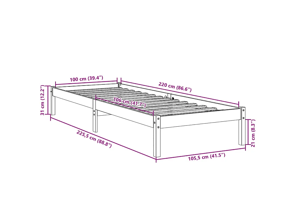 Cadre de lit extra long sans matelas 100x220 cm bois massif pin