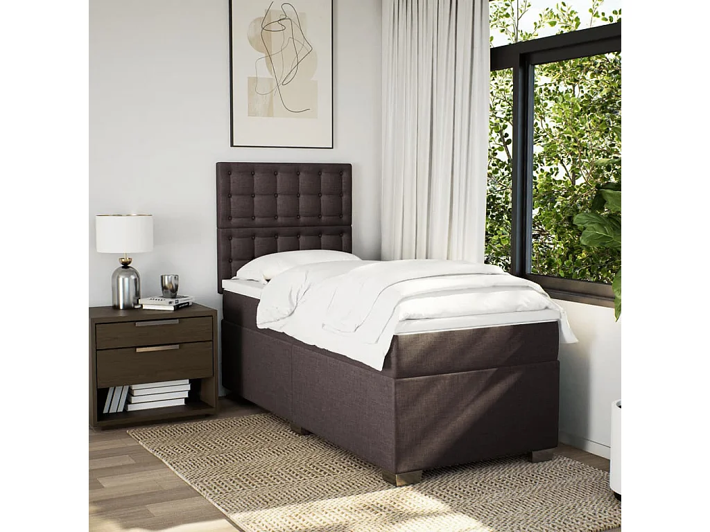 Cama box spring con colchón tela marrón oscuro 90x200 cm
