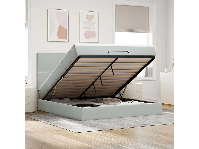 Estructura cama otomana colchones terciopelo gris claro