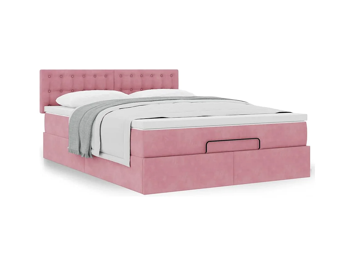 Struttura Letto Pouf con Materasso Rosa 140x200 cm in Velluto