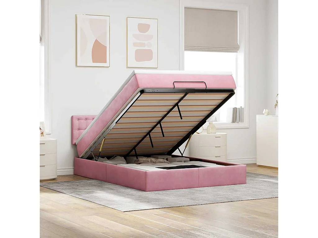 Ottoman bed met matras 140x200cm fluweel roze