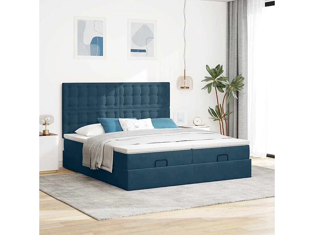 Cadre de lit ottoman avec matelas bleu foncé 180x200 cm velours