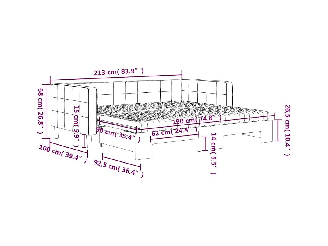 Lit de jour avec gigogne et matelas gris foncé 90x190cm velours