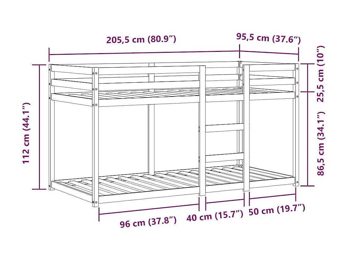Lit superposé sans matelas 90x200 cm bois de pin massif